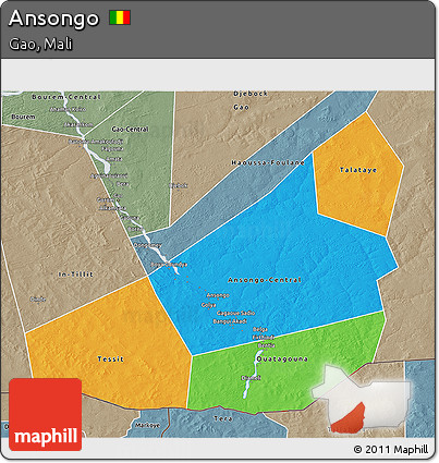 Political 3D Map of Ansongo, semi-desaturated