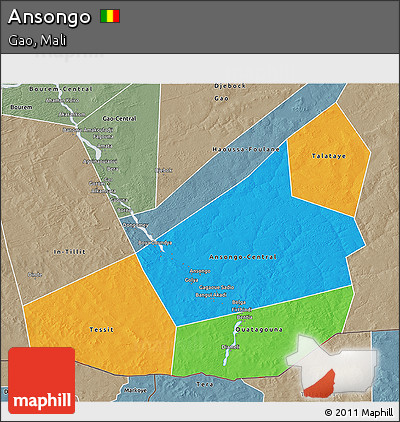 Political 3D Map of Ansongo, semi-desaturated