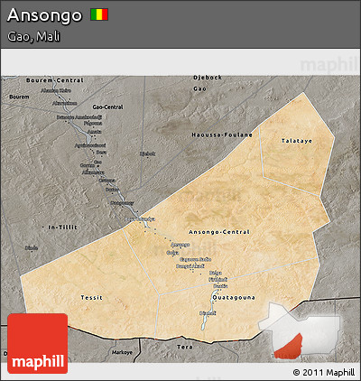 Satellite 3D Map of Ansongo, darken, semi-desaturated