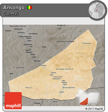 Satellite 3D Map of Ansongo, darken, semi-desaturated