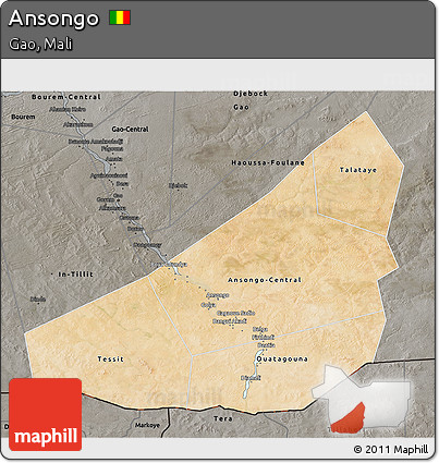 Satellite 3D Map of Ansongo, darken, semi-desaturated