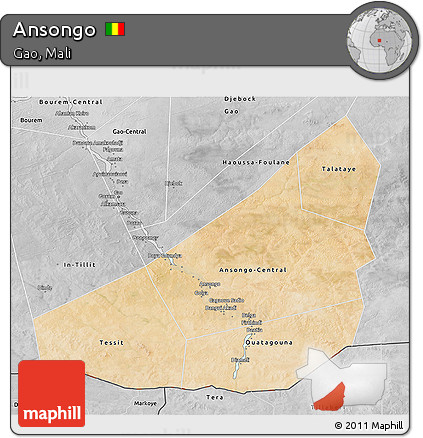 Satellite 3D Map of Ansongo, desaturated