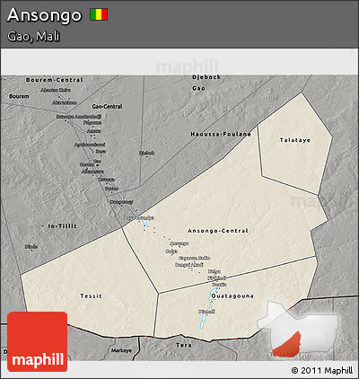 Shaded Relief 3D Map of Ansongo, darken, semi-desaturated