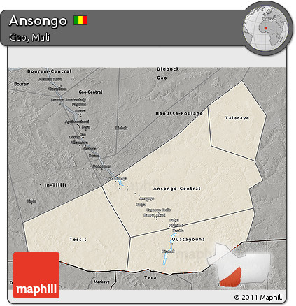 Shaded Relief 3D Map of Ansongo, darken, semi-desaturated
