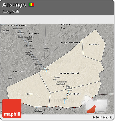 Shaded Relief 3D Map of Ansongo, darken, semi-desaturated