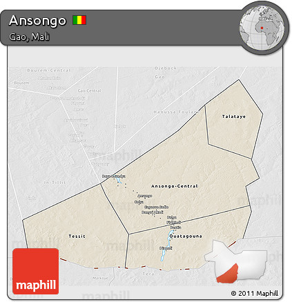 Shaded Relief 3D Map of Ansongo, lighten, desaturated