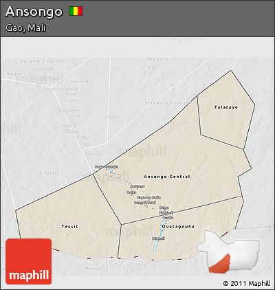 Shaded Relief 3D Map of Ansongo, lighten, desaturated