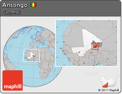 Gray Location Map of Ansongo, highlighted country, highlighted parent region, within the entire country
