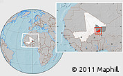 Gray Location Map of Ansongo, highlighted country, highlighted parent region, within the entire country, hill shading