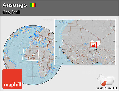 Gray Location Map of Ansongo, highlighted parent region, within the entire country, hill shading