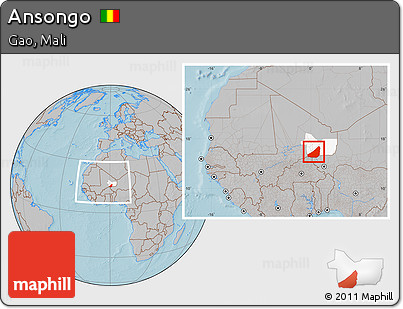 Gray Location Map of Ansongo, highlighted parent region, within the entire country, hill shading