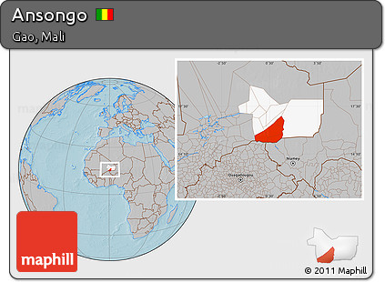 Gray Location Map of Ansongo, highlighted parent region, hill shading