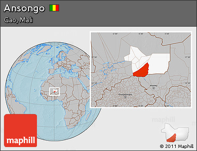 Gray Location Map of Ansongo, highlighted parent region, hill shading