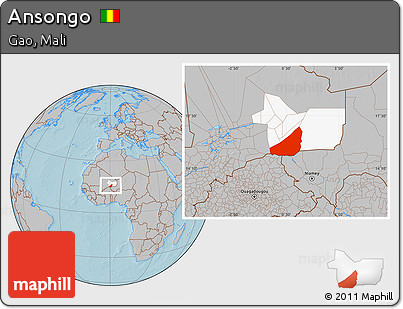 Gray Location Map of Ansongo, highlighted parent region, hill shading