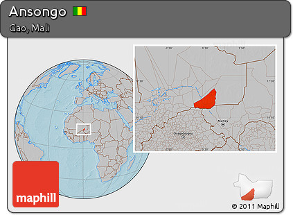 Gray Location Map of Ansongo, hill shading