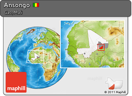 Physical Location Map of Ansongo, highlighted country, highlighted parent region, within the entire country