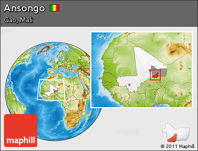 Physical Location Map of Ansongo, highlighted country, highlighted parent region, within the entire country