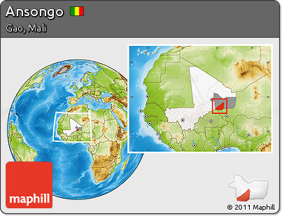 Physical Location Map of Ansongo, highlighted country, highlighted parent region, within the entire country