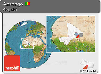 Satellite Location Map of Ansongo, highlighted country, highlighted parent region, within the entire country