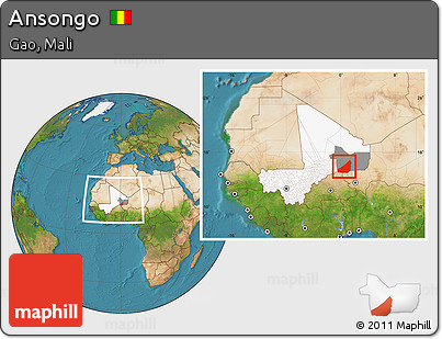 Satellite Location Map of Ansongo, highlighted country, highlighted parent region, within the entire country