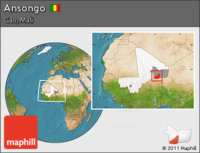 Satellite Location Map of Ansongo, highlighted country, highlighted parent region, within the entire country