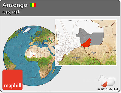 Satellite Location Map of Ansongo, highlighted country, highlighted parent region