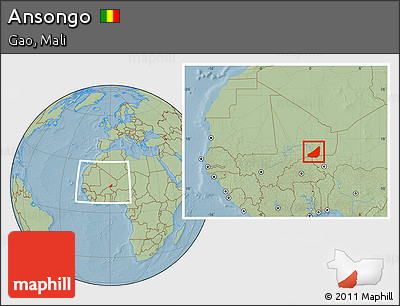 Savanna Style Location Map of Ansongo, within the entire country, hill shading