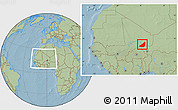 Savanna Style Location Map of Ansongo, within the entire country, hill shading