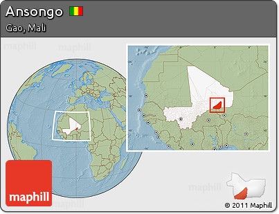 Savanna Style Location Map of Ansongo, highlighted country, within the entire country, hill shading