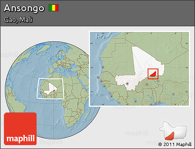 Savanna Style Location Map of Ansongo, highlighted country, within the entire country, hill shading