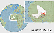 Savanna Style Location Map of Ansongo, highlighted country, within the entire country, hill shading