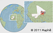 Savanna Style Location Map of Ansongo, highlighted country, highlighted parent region, within the entire country, hill shading