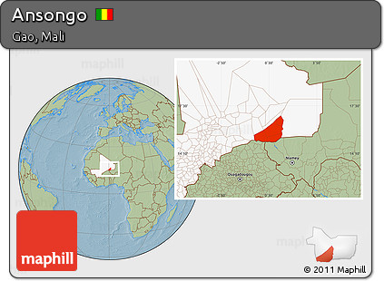 Savanna Style Location Map of Ansongo, highlighted country, hill shading
