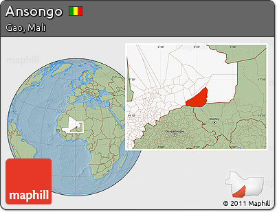 Savanna Style Location Map of Ansongo, highlighted country, hill shading