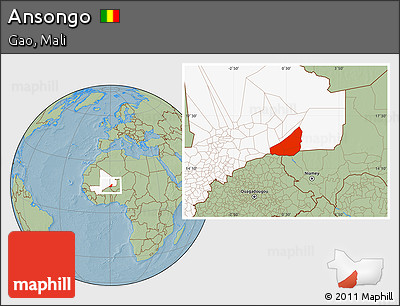 Savanna Style Location Map of Ansongo, highlighted country, hill shading