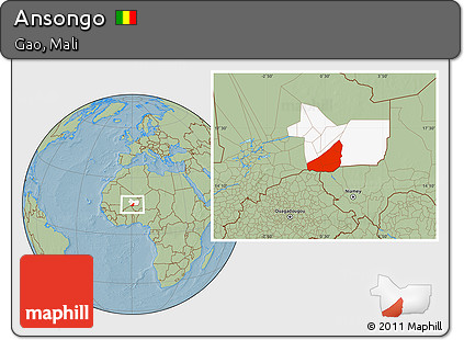 Savanna Style Location Map of Ansongo, highlighted parent region, hill shading