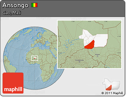 Savanna Style Location Map of Ansongo, highlighted parent region, hill shading