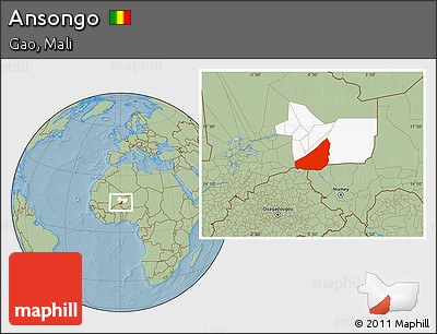 Savanna Style Location Map of Ansongo, highlighted parent region, hill shading