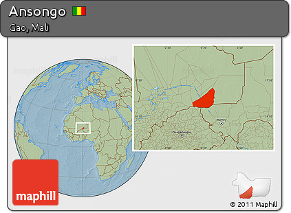Savanna Style Location Map of Ansongo, hill shading