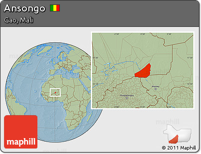 Savanna Style Location Map of Ansongo, hill shading
