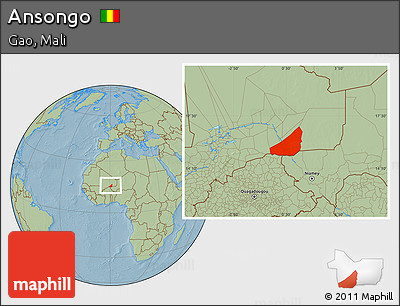 Savanna Style Location Map of Ansongo, hill shading