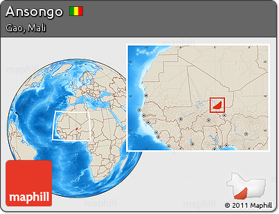 Shaded Relief Location Map of Ansongo, within the entire country