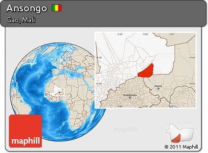 Shaded Relief Location Map of Ansongo, highlighted country