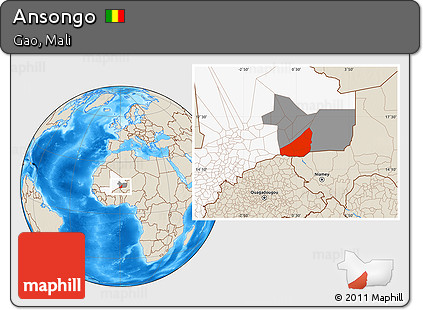 Shaded Relief Location Map of Ansongo, highlighted country, highlighted parent region