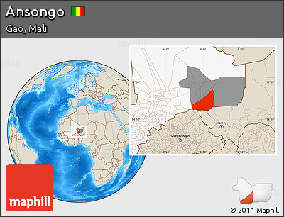 Shaded Relief Location Map of Ansongo, highlighted country, highlighted parent region