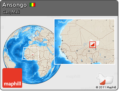 Shaded Relief Location Map of Ansongo, highlighted parent region, within the entire country