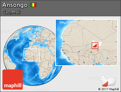 Shaded Relief Location Map of Ansongo, highlighted parent region, within the entire country