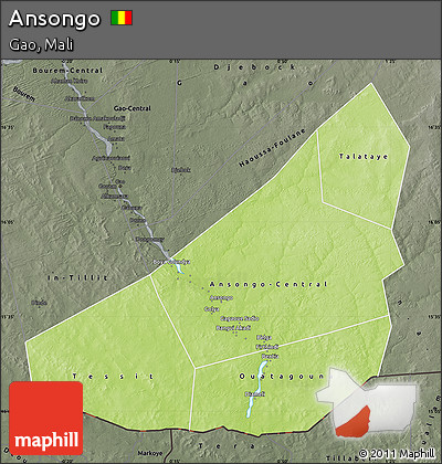 Physical Map of Ansongo, darken, semi-desaturated