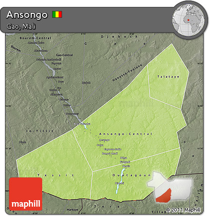 Physical Map of Ansongo, darken, semi-desaturated