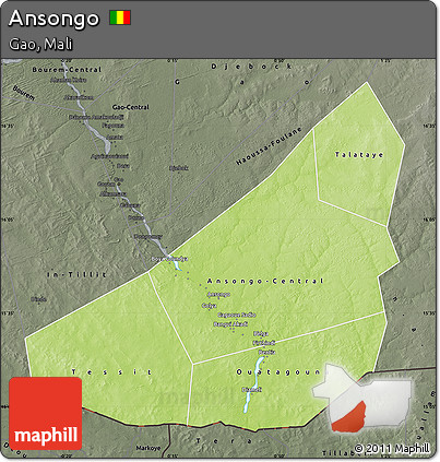Physical Map of Ansongo, darken, semi-desaturated